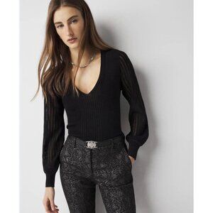 WHBM White House Black Market Black Sheer Sleeve V-neck Sweater Size XS